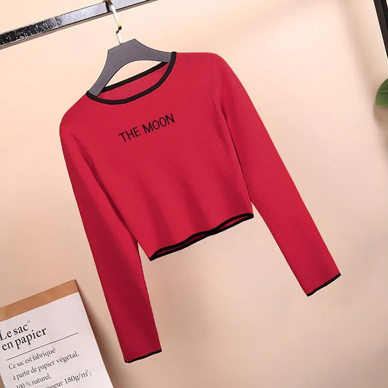 

Wholesale Women Fashion Casual Letter Print Long Sleeve Sweater O-Neck Pullover Short Sweaters Wholesale