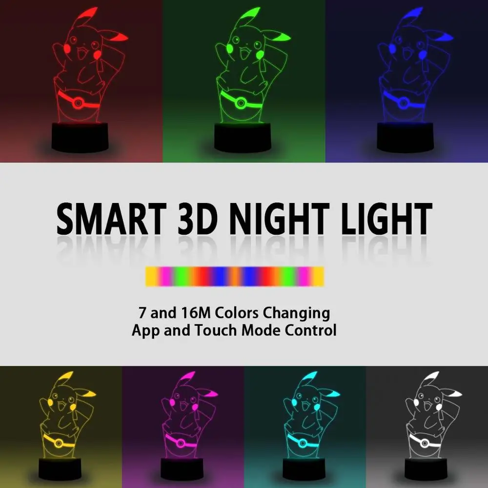 NiteApps 3D Покемон Пикачу ночник настольная иллюзия Лампа подарок на день рождения приложение/сенсорный контроль