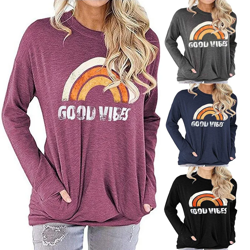

Donsignet Fashion Women's T-shirt New Casual Hot Sale Round Neck Pullover Rainbow Letter Printing Loose Pocket Knitted T-shirt