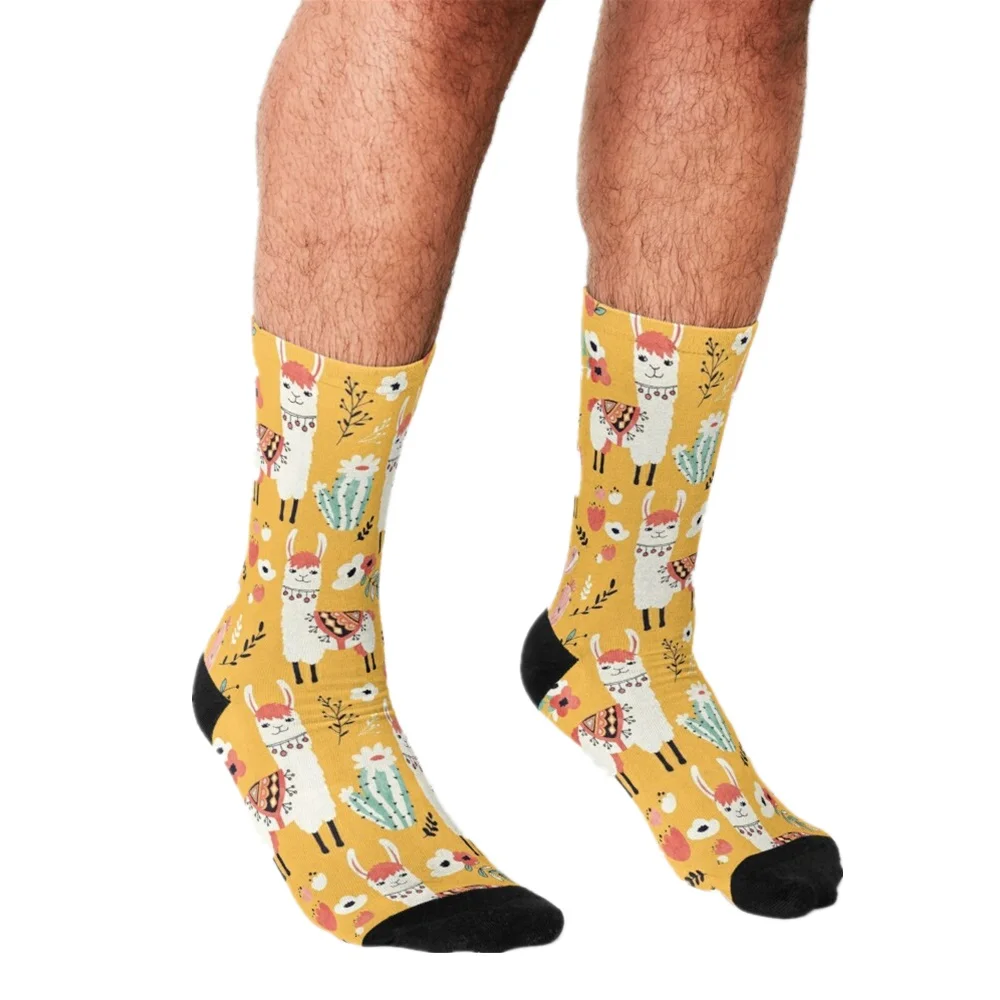 2021 Funny Socks Men harajuku White Llama with flowers Socks Printed Happy hip hop Novelty Skateboard Crew Casual Crazy Socks