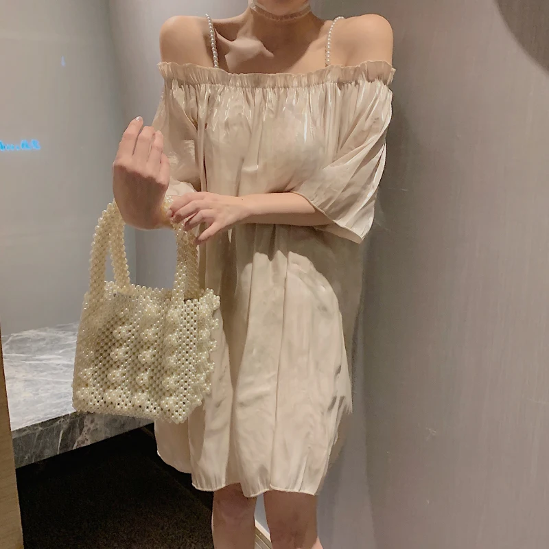 Летнее платье с воротником лодочкой женское размера плюс жемчугом спагетти