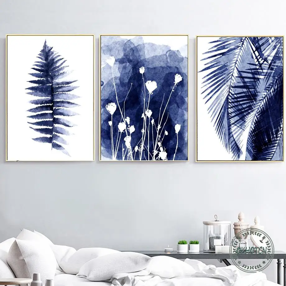 Акварельные синие пальмы папоротник лист цветок трава растение холст живопись