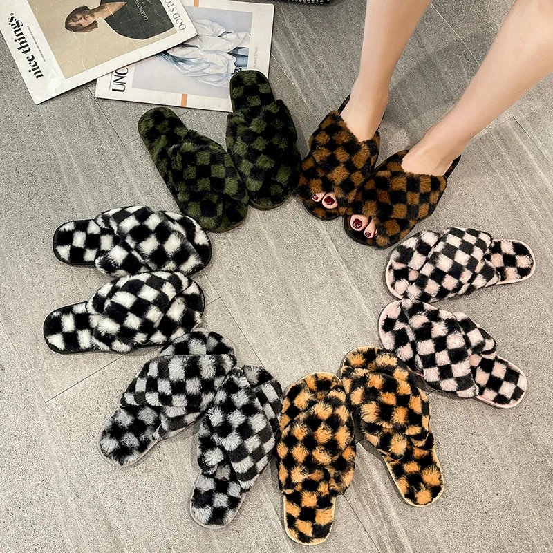 

Winter Women House Slippers Faux Fur Fashion Lattice Furry Shoes Woman Slip on Flat Indoor Slides Cozy Warm Home Fluffy Slippers