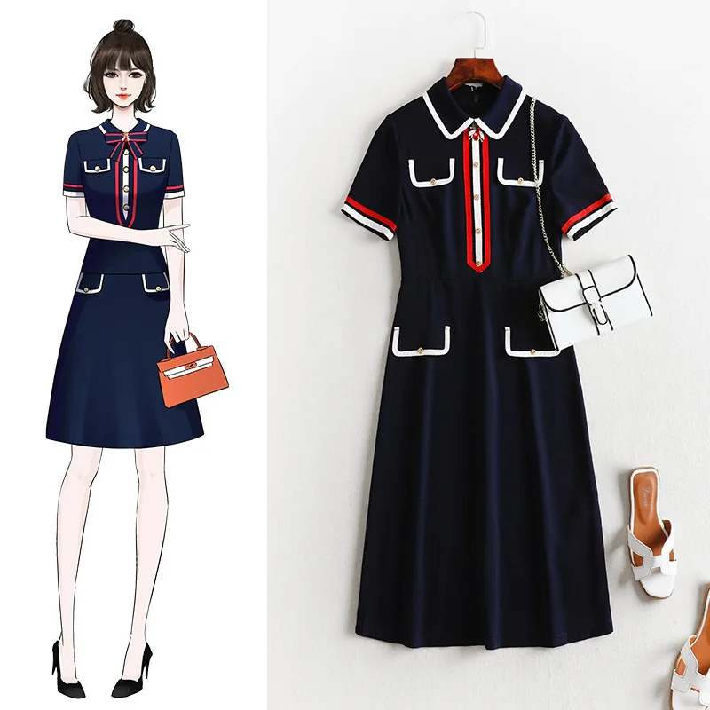 

4XL 5XL summer navy blue chiffon dress 2020 women plus size a-line dresses color block stripe knee -length dress JC54