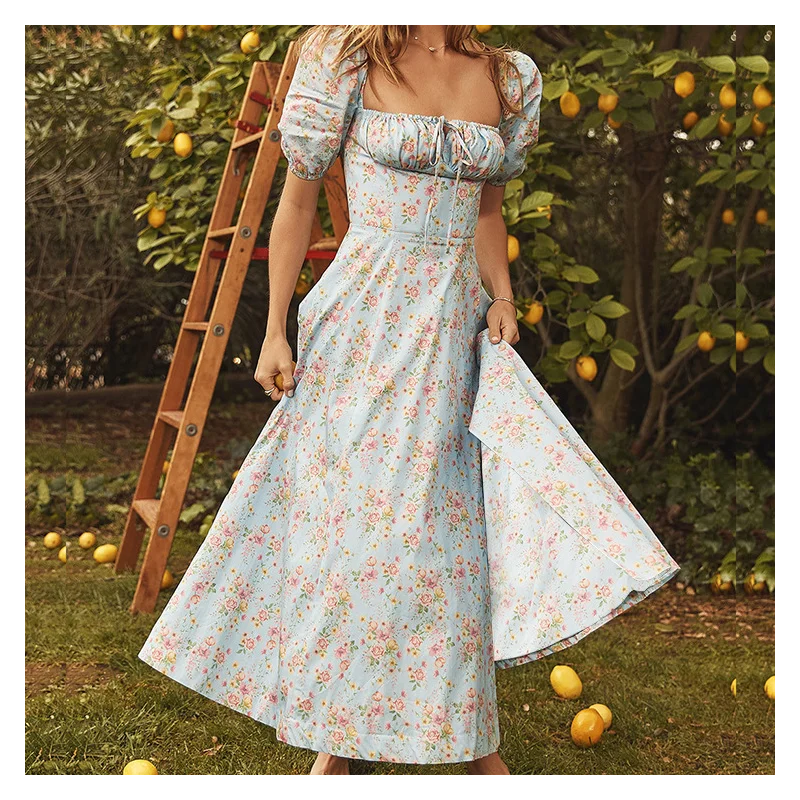 

Summer Sexy Floral Print Dress Women Party Long Dresses Puff Short Sleeve Elegant Club Dress Sweet Laides Chic Maxi Dresses Ve