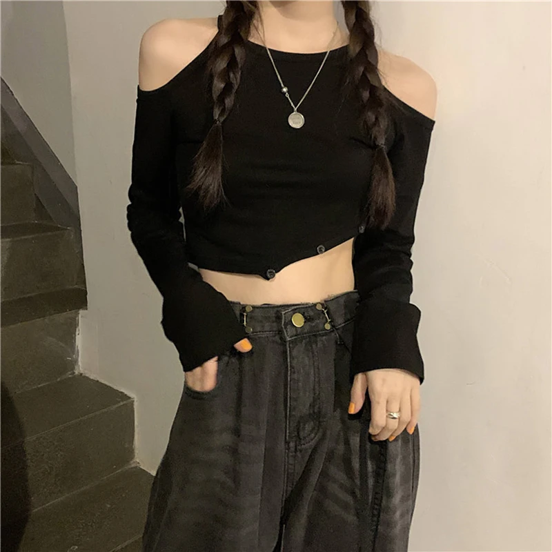 

Autumn Women’s T-Shirt Off Shoulder Sexy Fashion Crop Tops Skinny Chic Irregular Long Sleeve Button Basic Tee Female High Street