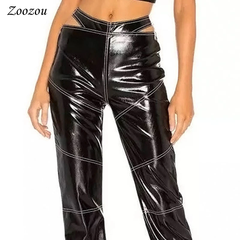 Ins Waist Hollow Out PU Leather Straight Pants Women Autumn Winter Warm Soft Loose Trouser Ladies Casual Slim Faux Leather Pants