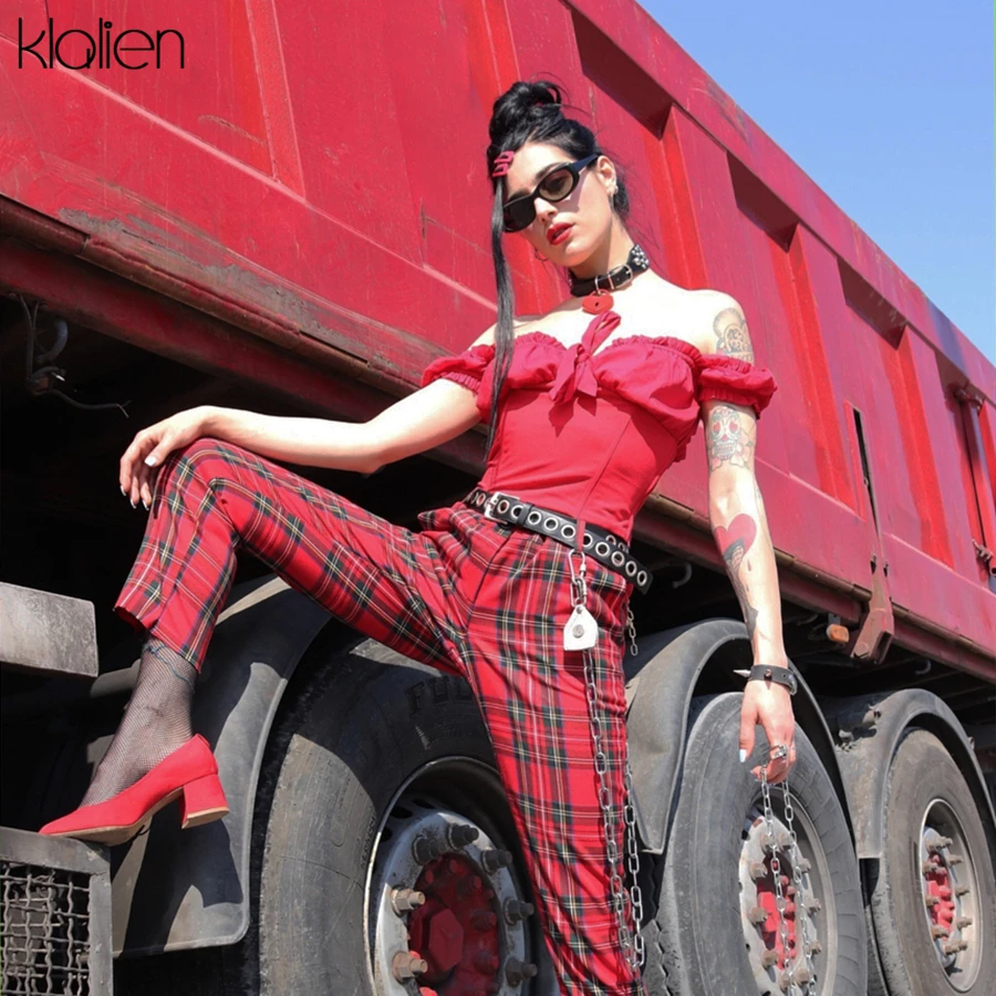 Женские клетчатые брюки kalien красные повседневные длинные карандаш на молнии с