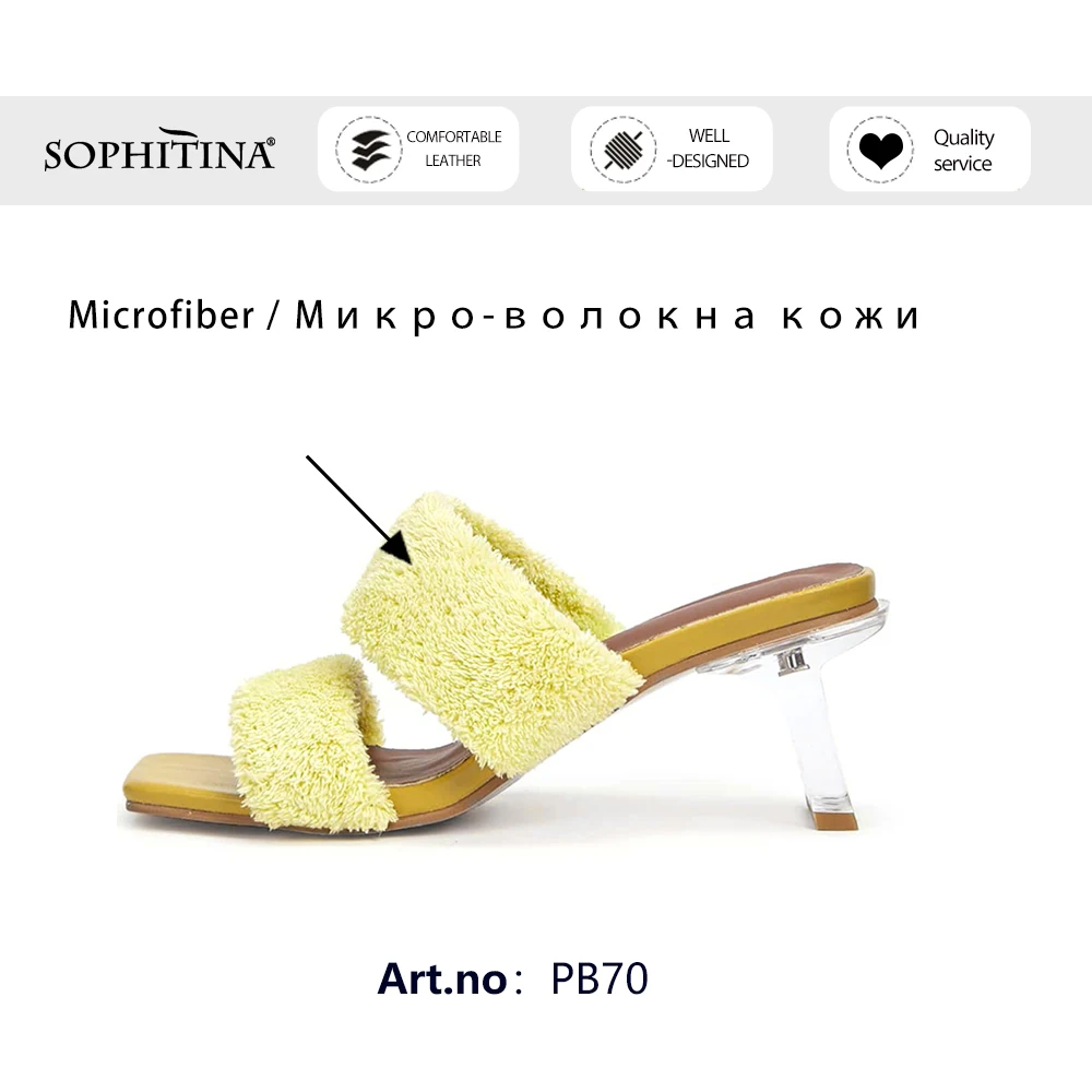 

SOPHITIAN Sandals Woman Yellow Plush Slip On Mules Spring Sweet Style High Crystal Square Heel Lady Shoes PB70
