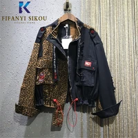 leopard print patchwork women denim jacket short coat pocket sequins fashion jeans jacket streetwear womens loose jeans coat