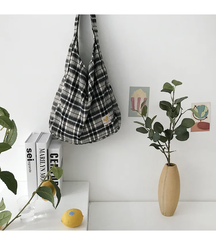 

Plaid Women Simple Shoulder Bag Soft Cloth Fabric Handbag Large Capacity Cotton Tote Sanded Canvas Bags For Pretty Young Girls