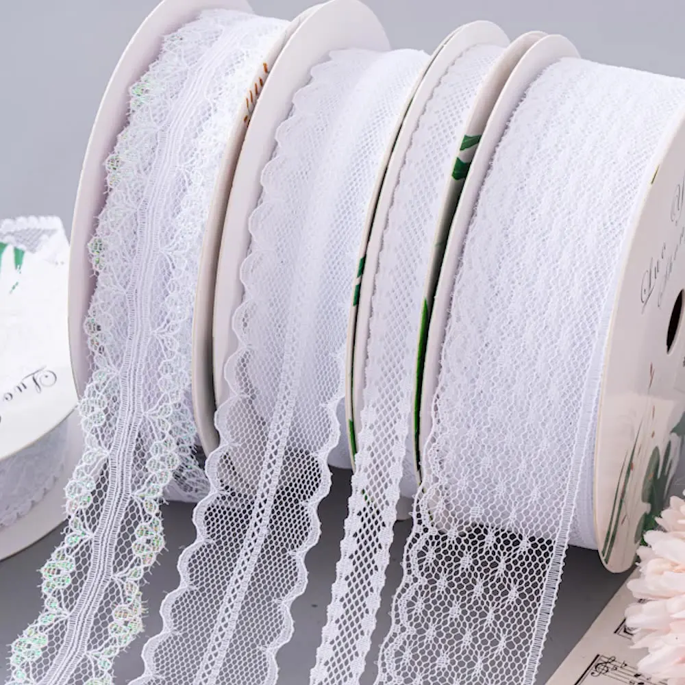 25/50 Yards Ivory White Cotton Embroidered Lace Net Ribbons Fabric Trim DIY Sewing Handmade Craft Materials Hair Bow Accessories