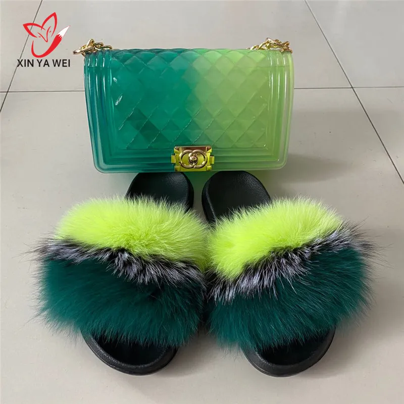 Тапочки из 100% натурального Лисьего меха Женская обувь на меху Радужная Милые