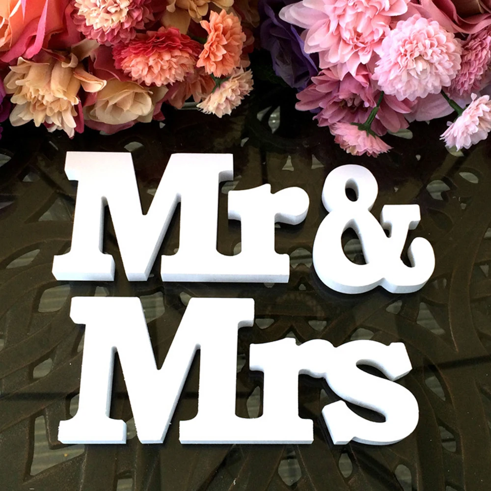 

1Set White Color Wooden Letters Mr & Mrs Ornaments Wedding Decorations Rustic Natural Wood Sign Country Wedding Desktop Decors