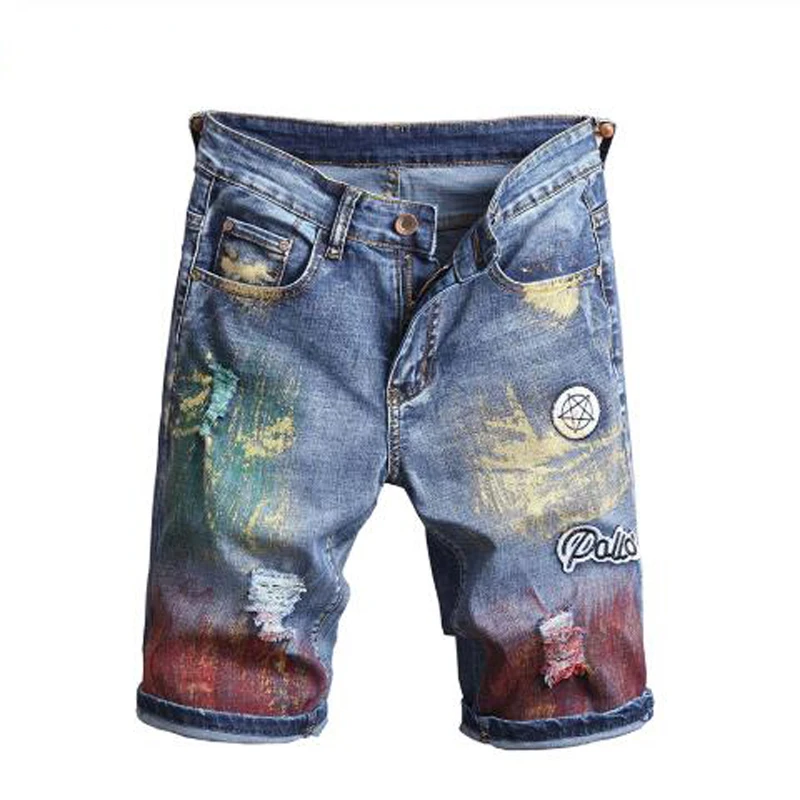 

New Men's male fashion casual colored painted ripped shorts Knee length holes stretch denim jeans Summer Capri