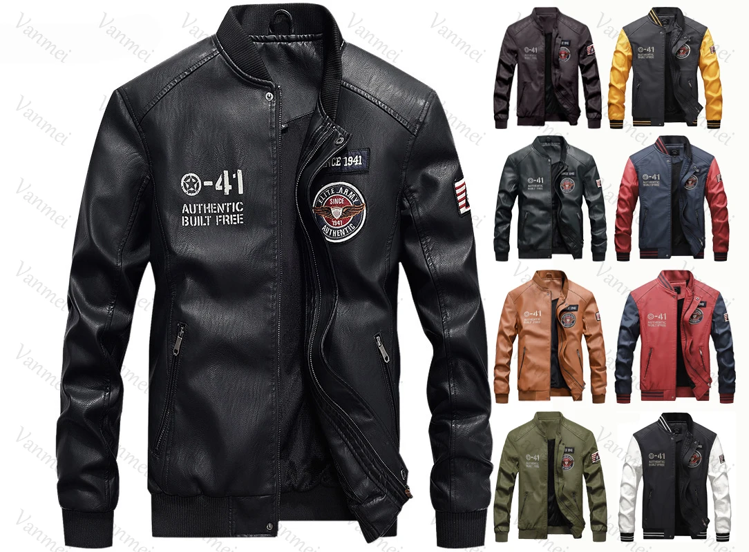 Vanmei Fashion Men's Baseball Leather Jacket Spring and Autumn New PU Leather Jacket Fashion Casual Leather Jacket Motorcycle