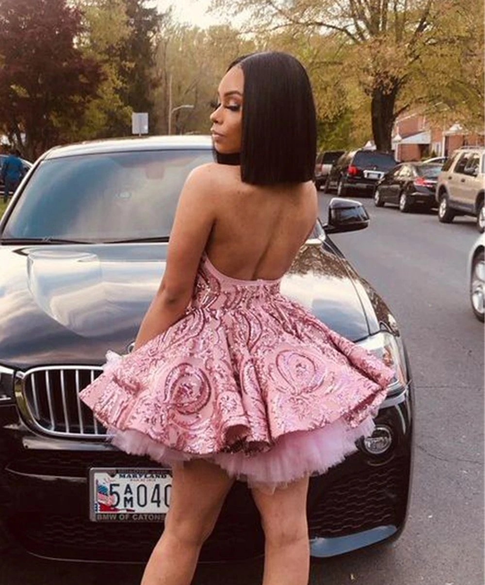 

Lanvendia Women Short Pink Sparkly Sequin Prom Dresses 2020 Sexy Backless A-Line Evening Gowns Black Girls Bridal Gown