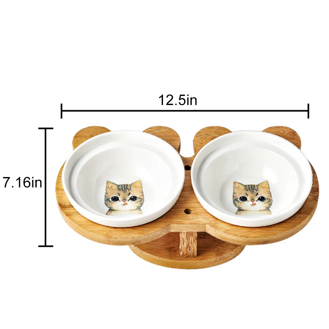 

Double Cat Dog Bowl Bamboo Wood Ceramic Food Bowl Water Bowl Protection Spine High Foot Oblique Fish Bone + Paw Pet Supplies