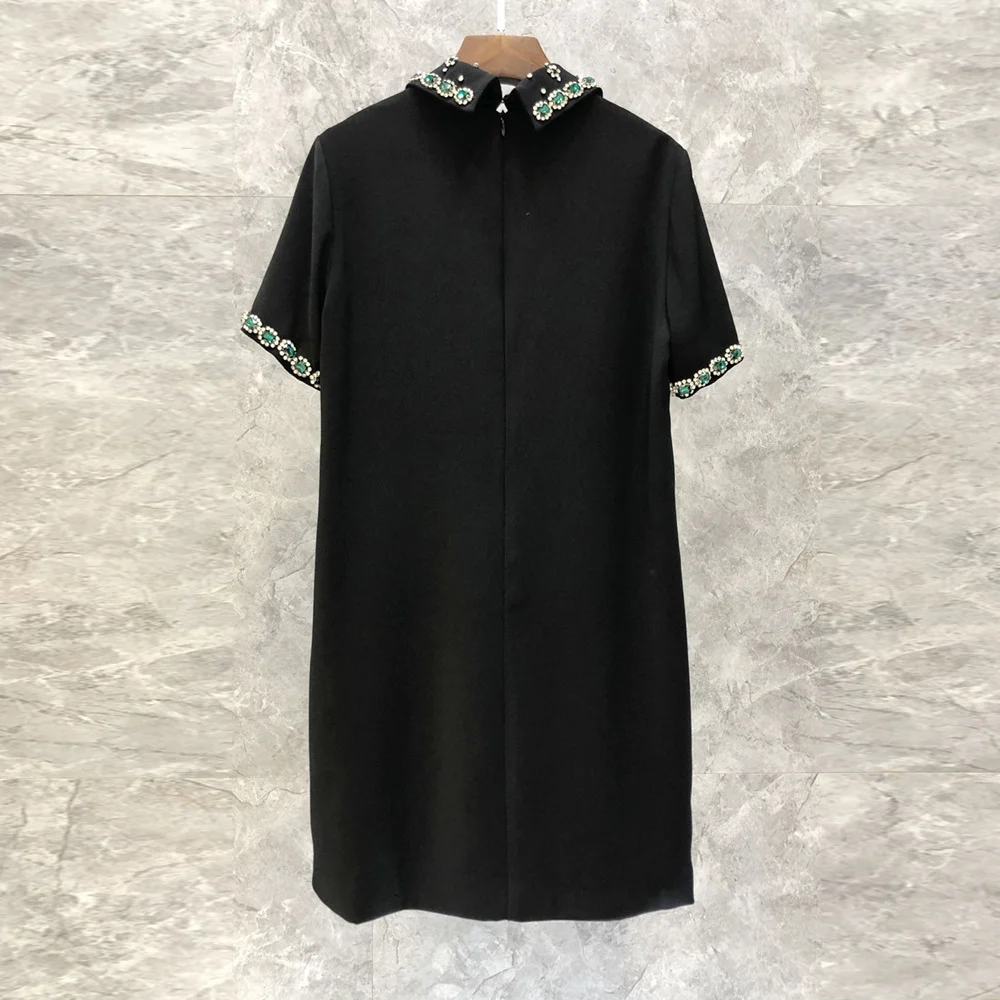 

HIGH QUALITY 2021 Newest Summer Women's Peter Pan Collar Retro Diamond Beading Solid Loose Cotton Mini Dress