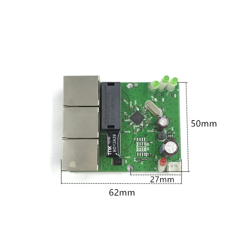 OEM factory direct mini fast 10/100mbps 3-port Ethernet network lan hub switch board two-layer pcb 5V 12V head port 3