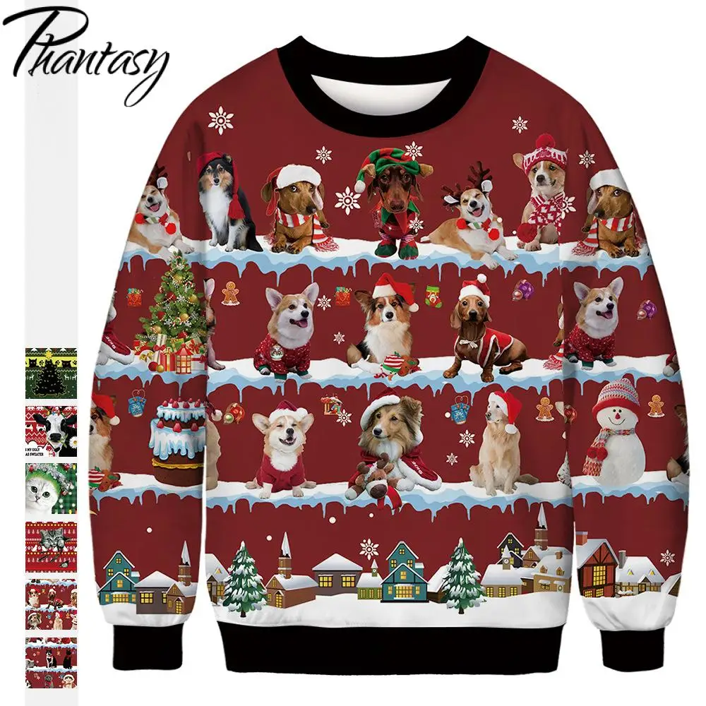 

Phantasy 2021 Adults Sweatshirts Christmas Dog Printed Pullovers Festivals Party Clothing Holiday Outdoor Traval Running Tops