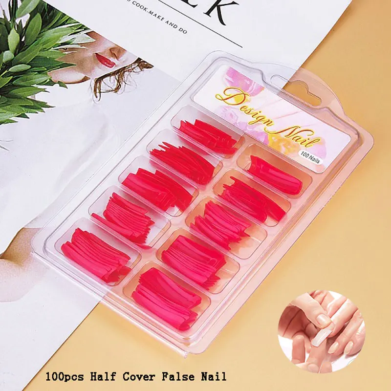 Red 100pcs OSHIONER накладные кончики для маникюра, прозрачные белые натуральные наполовину покрытые накладные ногти, пластиковые маникюрные инструменты для наращивания пальцев - Цвет: Red 100pcs
