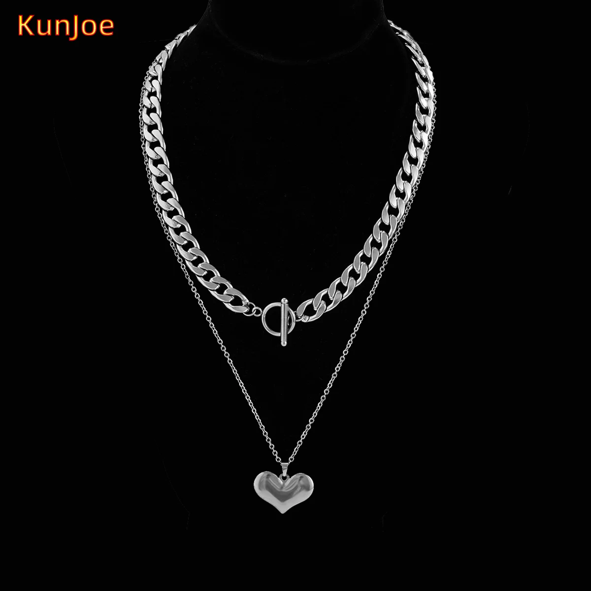 

KunJoe Gothic Punk Stainless Steel Heart Pendant Necklace For Women Men OT Clasp Collars Necklace Street Style Jewelry Wholesale