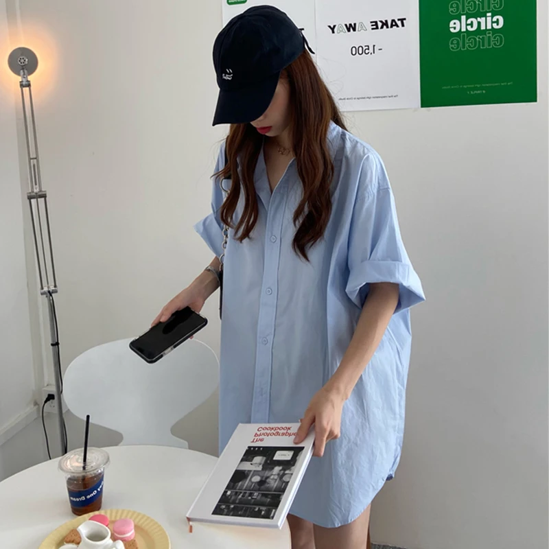 Летнее свободное однотонное платье-рубашка в стиле ретро Piooni Корейском Instagram
