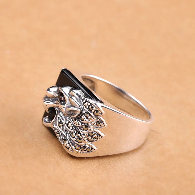 Sterling Vintage Men's Rings Natural Black Tiger Shape Pattern Design Male With Stones Turkey Jewelry Gift | Украшения и