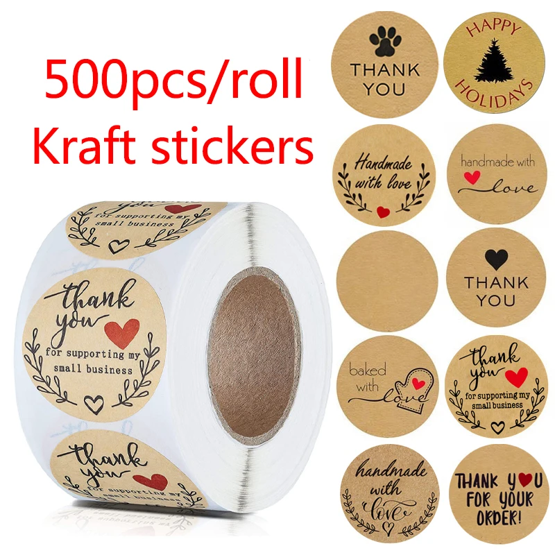 

500 Pcs12Types Kraft Paper Thank You Stickers Roll With Red Heart Handmade Label Sticker for Envelope Sealing Stationery Sticker