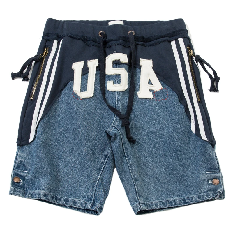 

ABOORUN 2021 Hi Street Men's USA Patchwork Denim Shorts Vintage Summer Jean Shorts for Male