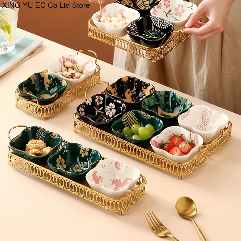 

Grid Ceramic Platter Nordic Creative Dried Fruit Plate Golden Iron Rack Snack Plate Modern Living Room Household Tableware