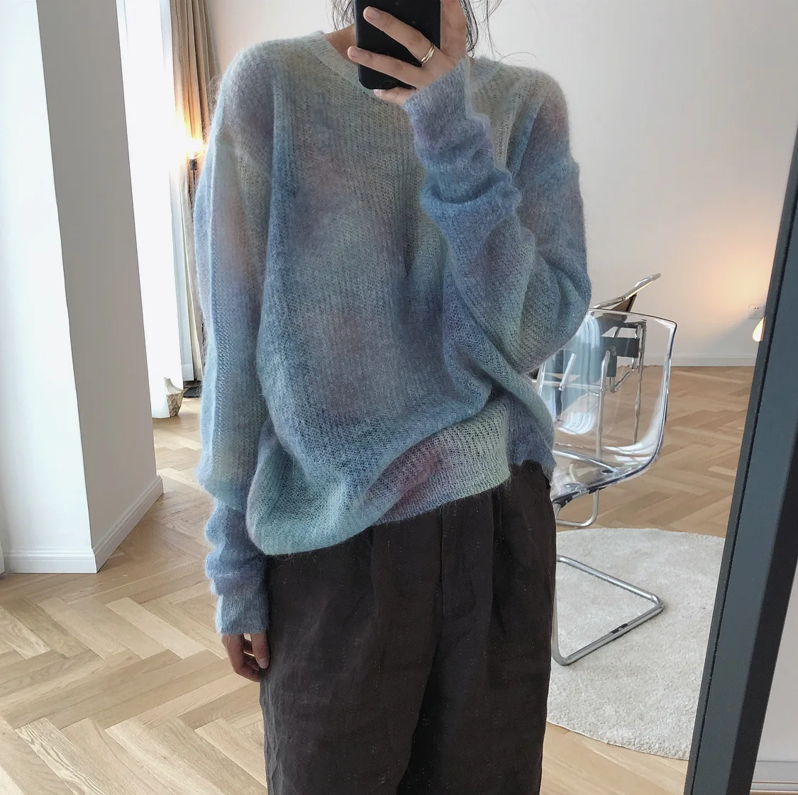 Ранняя осень новый стиль корейский ленивый ветер прозрачный мохеровый свитер с