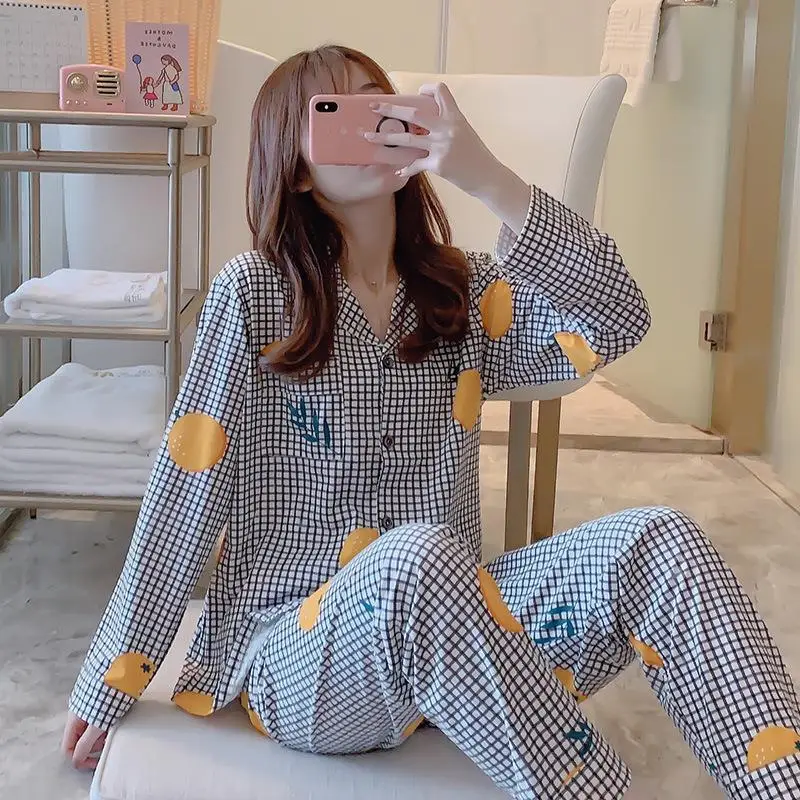 

2 Pcs Plaid Women Pajamas Sets Long Sleeve Sleepwear Female Turn -Down Collar Pyjama Nightwear Casual Homewear Top +Pants Pijama