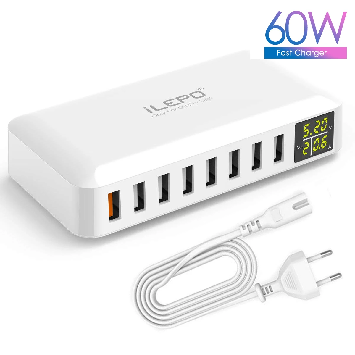 

ilepo 60W 8 Ports Fast Charger QC3.0 Quick Charger with Cable Digital Display USB Charger For iPhone 13 12 Pro Max Samsung