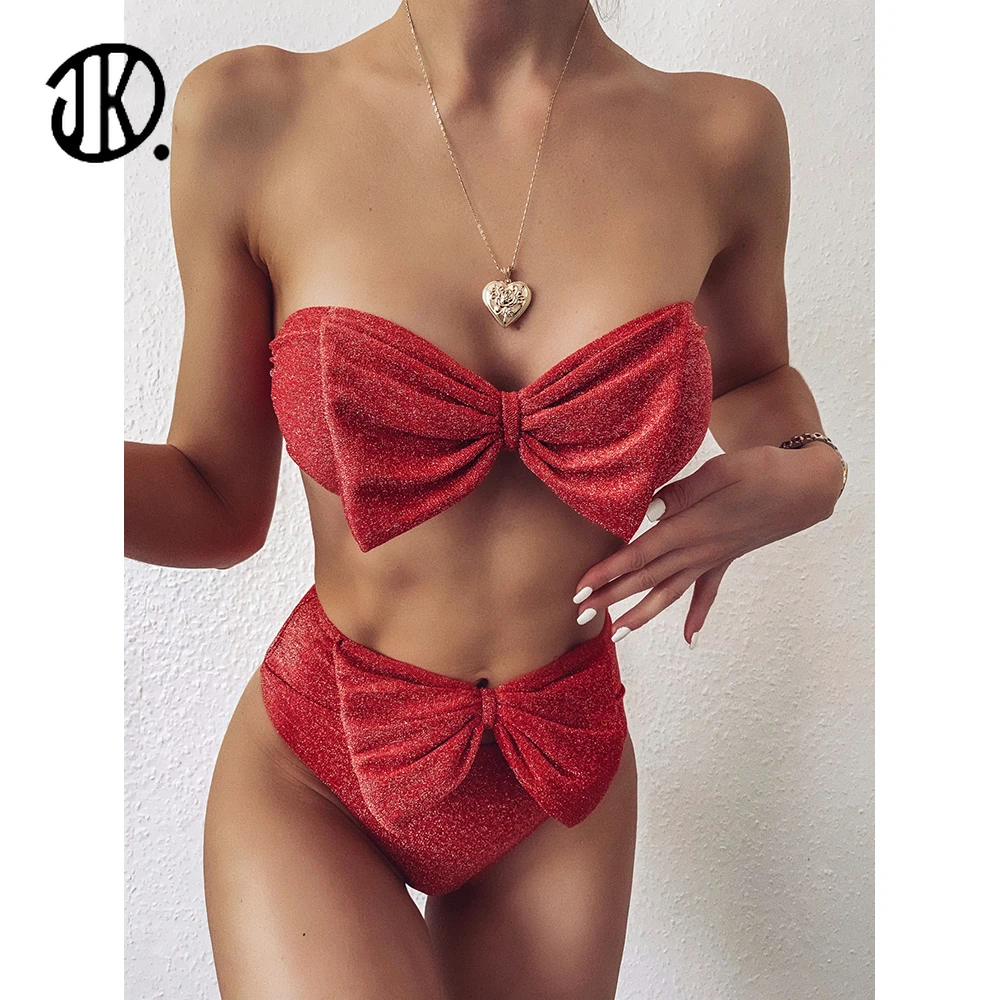 

Женский раздельный купальник с бантом, однотонный яркий женский купальник из двух предметов, привлекательное бикини с высокой талией