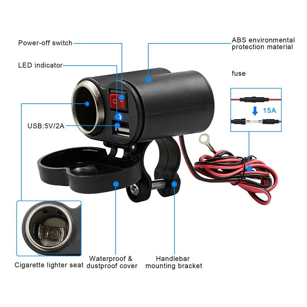 

Waterproof USB Motorcycle Handlebar Charger With Cigarette Lighter Adapter Power Supply Socket for Phone Mobile DC12-45V