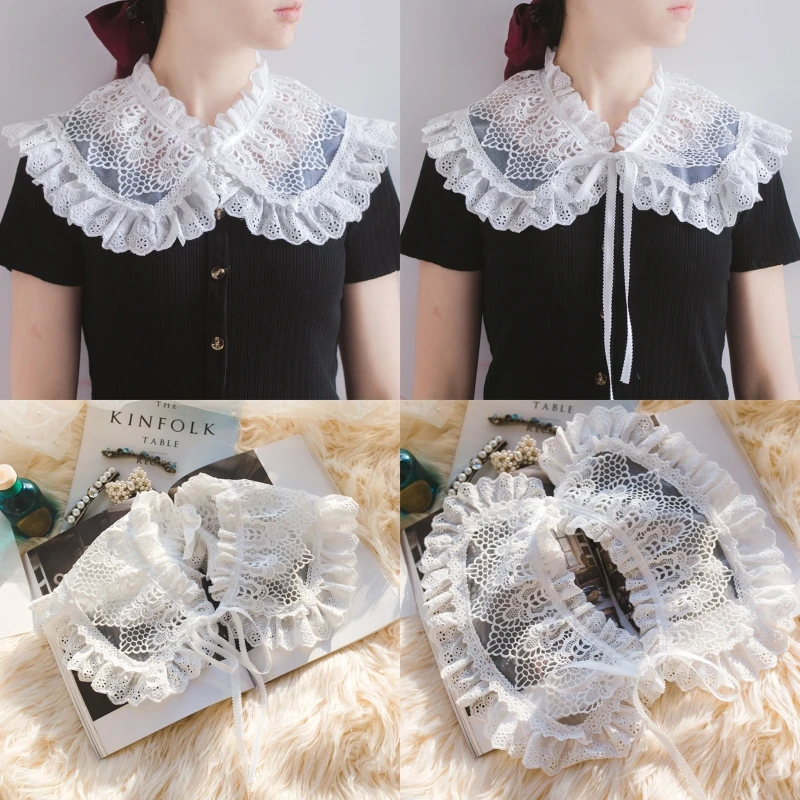 

Women Sweet Hollow Out Embroidery Lace Doll Fake Collar Ruffled Bowknot Bandage Shawl Wrap Necklace Decorative Poncho