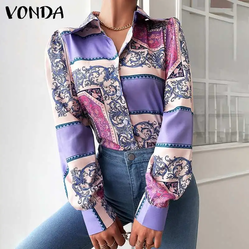

Autumn Women Long Sleeved Lapel Button Up Shirts VONDA 2021 Vintage Printed Tops Chemise Bohemian Blusas Femininas Elegant Tops