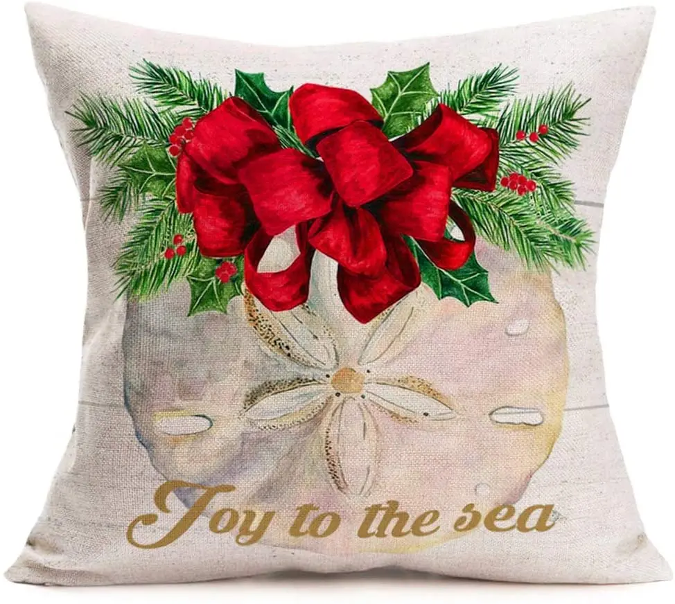

Merry Christmas Decorative Home Pillow Cases Marine Life Sea Shell Coastal Pillow Covers Cotton Linen Joy Blessing Cushion Cover