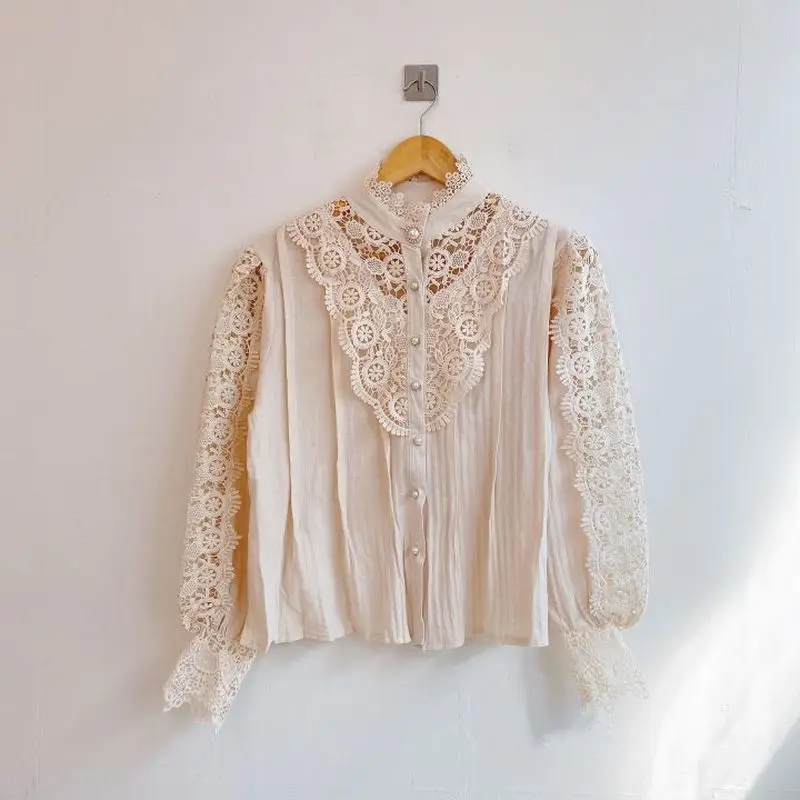 

Chic Button Hollow Out Flower Lace Patchwork Shirt Stand Collar All-match Femme Blusas Petal Sleeve Women Elegant Blouses