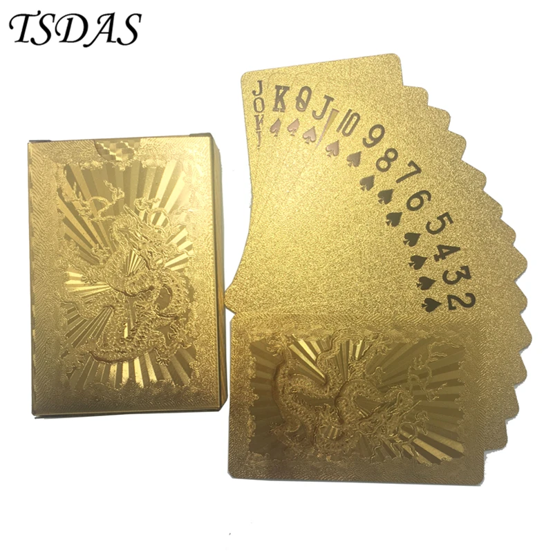 One Deck Gold Foil Playing Cards Waterproof Plastic Poker Dragon Style With Wooden Case Good Gift for Entertainment | Дом и сад