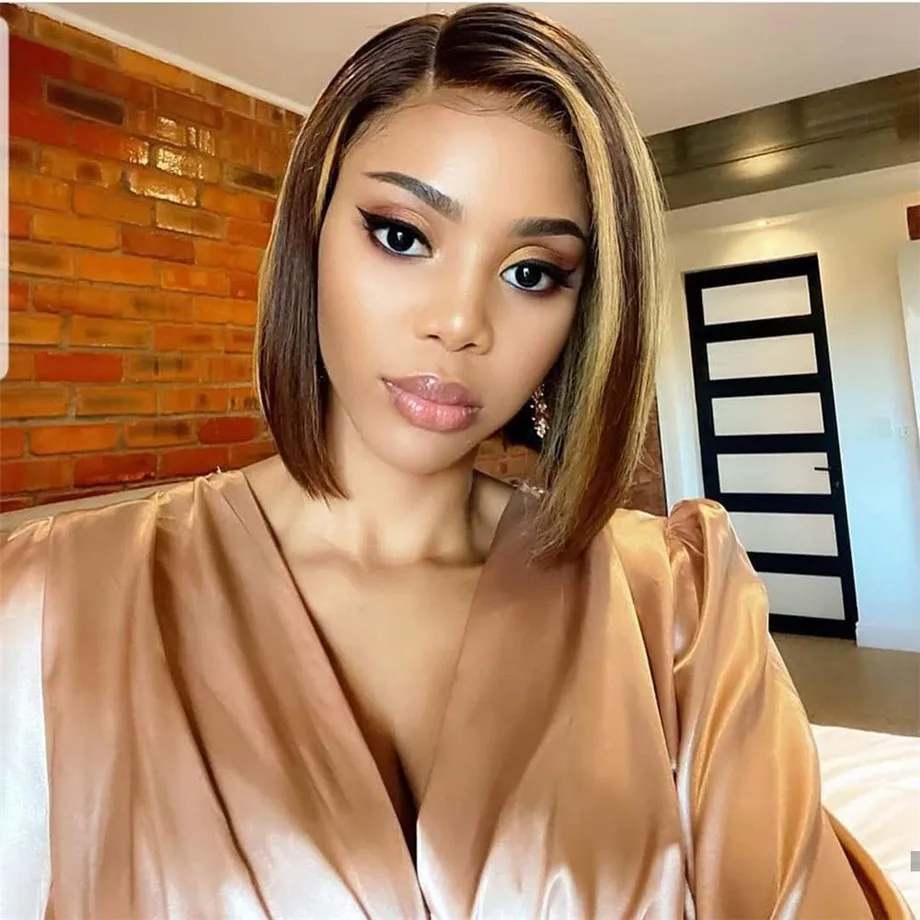

Ombre Highlight Lace Part Human Hair Wigs Straight Short Bob Wig Pre Plucked Frontal Honey Blonde Pixie Cut for Black women