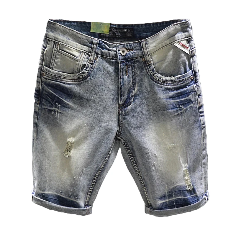 

Ins Men's Hole Denim Shorts Retro Ripped Slim Fit Fashion High Street Short Jeans Hip Hop Rock Youth Quality Knee-length Pants