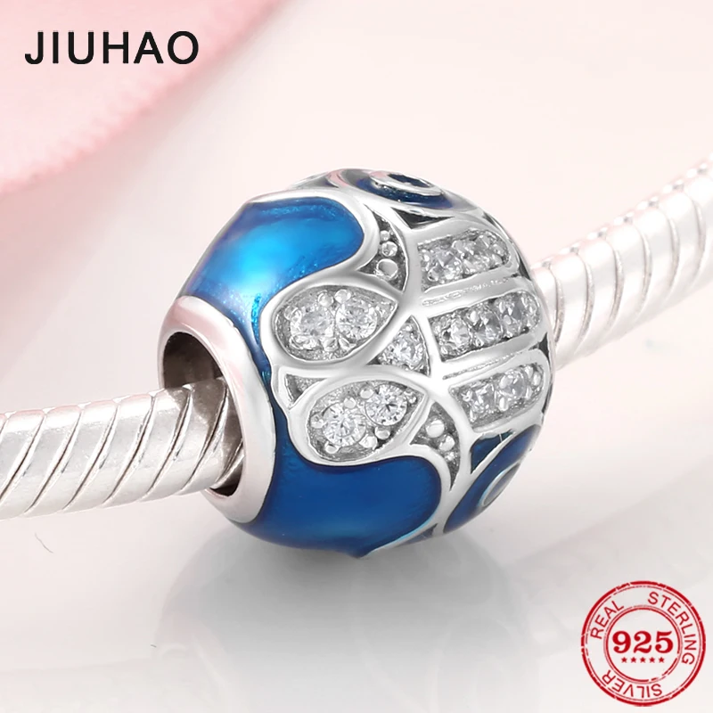100% Real 925 Sterling Silver Blue Enamel Round Shape Charms Beads Fit JIUHAO Bracelets Necklace Jewelry Making |