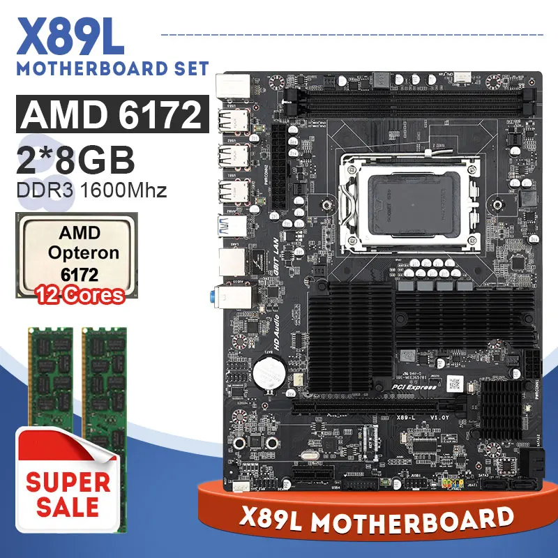 X89 рабочего Материнская плата G34 розетка с AMD 6172 Процессор 12 Core Dual Каналы и 2*8 ГБ DDR3