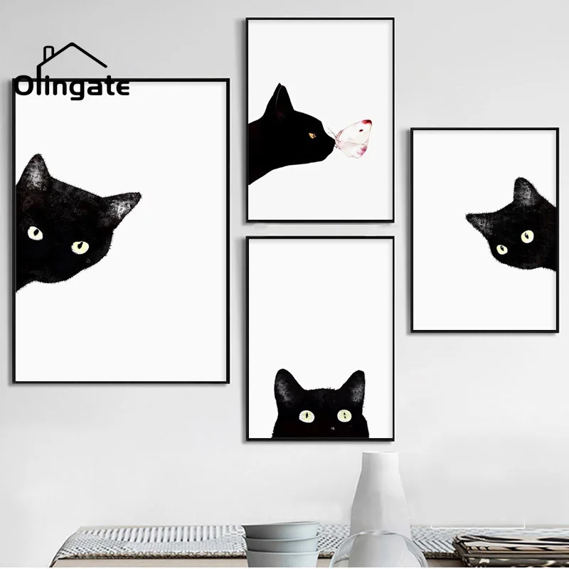 

Modern Black Cat Wall Art Minimalist Animal Painting One Piece Canvas Poster and Prints for Living Room Home Bathroom Decor