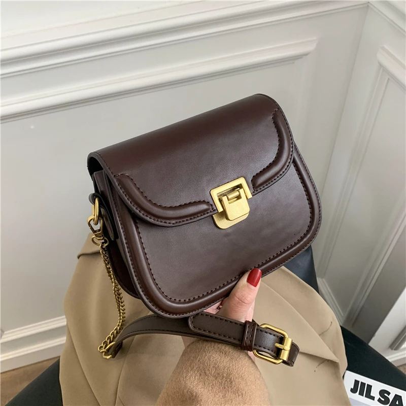 

Vintage Saddle Simple Chain Crossbody Bags For Women Famous Brand Design Solid Color Small PU Leather Female Shoulder Bags 2021