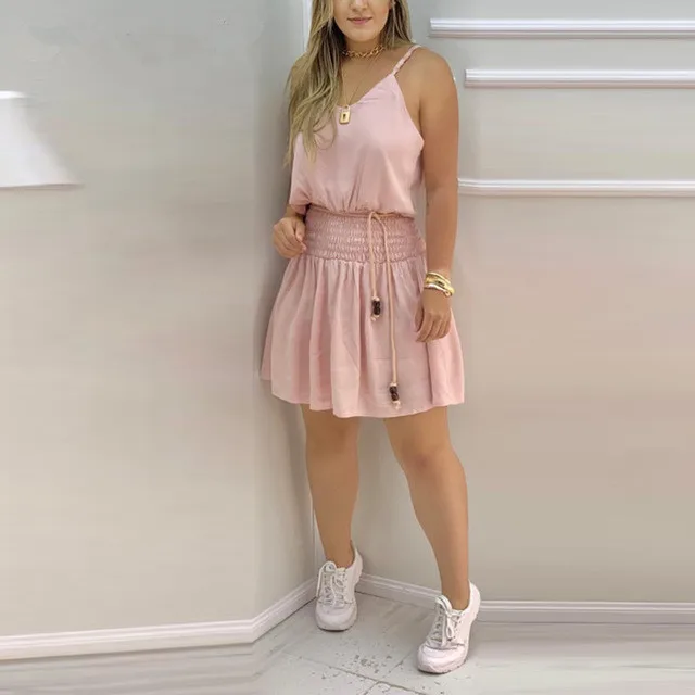 

2021 New Fashion Women Spaghetti Strap Sleeveless Solid Mini Casual Dress