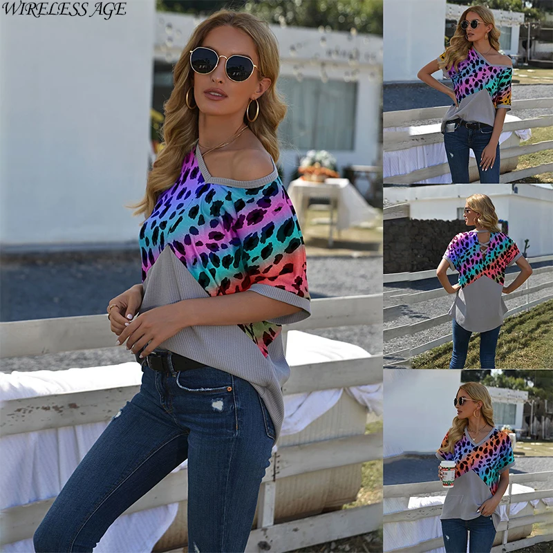 

WIRELESS AGE T Shirt Women Short Sleeve V Neck Gradient Leopard Splicing Loose Casual Women's Tops New Summer Fashion Wild
